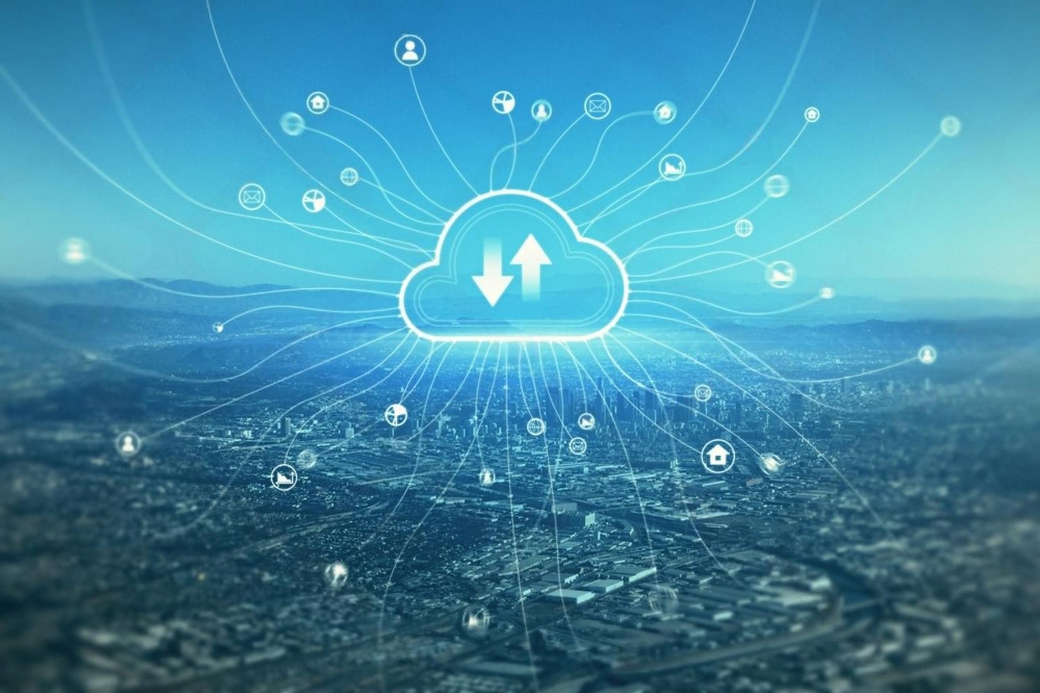 Cloud computing network connecting smart city infrastructure, illustrating UAE cloud growth